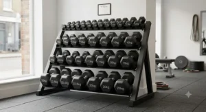 A full commercial rack of fixed rubber dumbbells neatly organised in a UK fitness studio.
