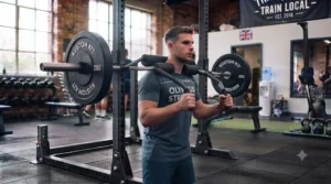 Lifter holding the forward handles of a safety squat bar to reduce shoulder strain during training.