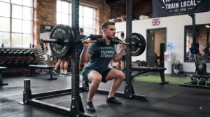 Athlete performing good mornings with a safety squat bar to build posterior chain strength.
