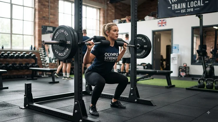 Lifter performing a squat with a safety squat bar in a UK gym, demonstrating proper technique. safety squat bar (SSB)