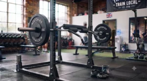 Safety squat bar resting securely on power rack j-hooks inside a home gym setup.