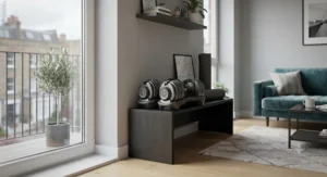 Compact adjustable dumbbells stored neatly in the corner of a modern UK apartment.
