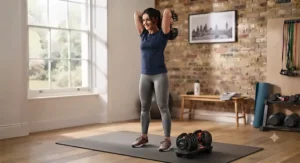 Compact storage tray holding a pair of quick-change dumbbells in a small British apartment fitness space.
