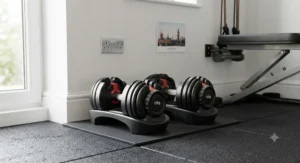 Compact dial dumbbells lined up neatly to demonstrate space-saving benefits for a small British home gym.