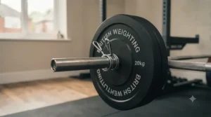 Standard spring clip barbell collars attached to weight plates on a gym bar.