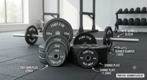 Selection of rubber bumper plates and cast iron weight plates stacked in a UK fitness studio.