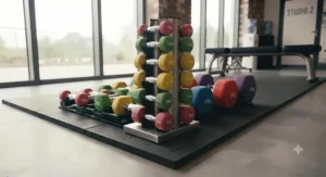 Vertical storage rack holding multiple pairs of studio dumbbells for gyms