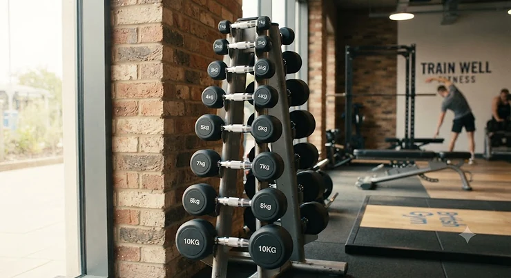 Commercial studio dumbbells for gyms stacked neatly on a rack in a British fitness facility
