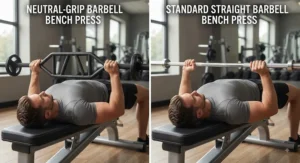 Diagram showing muscle groups targeted during a multi-grip barbell bench press.