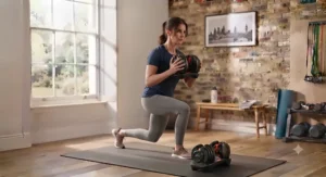 Fitness enthusiast quickly changing weight settings on an adjustable dumbbell between circuit training sets.