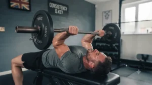 Person lying on a weight bench doing tricep extensions with an EZ curl bar.