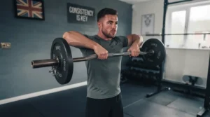 Athlete demonstrating an upright row for shoulder strength with an EZ curl bar.