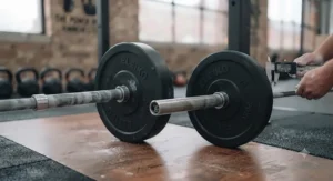 Several Olympic barbells stored safely in a vertical rack inside a commercial fitness studio.