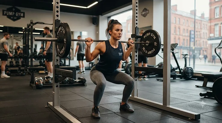 Beginner using a standard weightlifting barbell in a British gym, demonstrating safe technique. weightlifting barbell for beginners