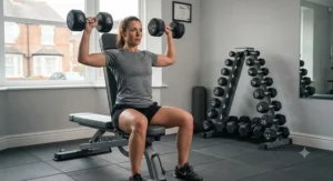 Woman doing shoulder presses with fixed dumbbells in a strength training session.
