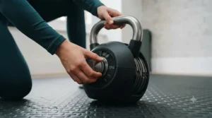 Close-up of a dial mechanism on an adjustable kettlebell showing weight selection for home workouts.