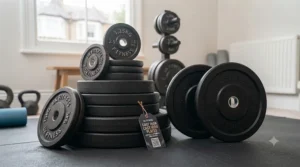 Variety of cast iron weight plates available for purchase in the UK market.