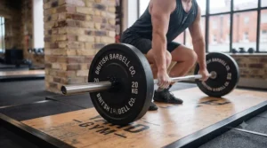 Weightlifter performing a clean and jerk using a barbell loaded with olympic weight plates.