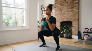 A beginner holding a turquoise vinyl kettlebell correctly against her chest while performing a deep goblet squat.
