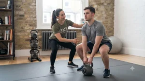 Personal trainer guiding a beginner through an exercise routine using quick-change kettlebells.
