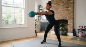 A woman in a home gym demonstrating the powerful hip hinge motion at the peak of a kettlebell swing using a vinyl weight.