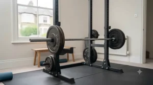 A full set of cast iron weight plates and a barbell ready for strength training.
