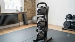 Compact rack displaying quick-change kettlebells for varied resistance training.