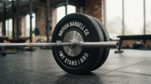 Pair of heavy-duty black rubber bumper plates on a barbell