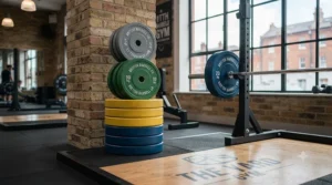 Colour-coded bumper olympic weight plates stacked on a gym floor ready for deadlifts.