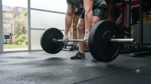 Dropping a barbell with black bumper plates on a protective rubber gym floor.