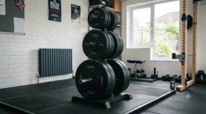 Space-saving vertical storage tree holding various weights of bumper plates.
