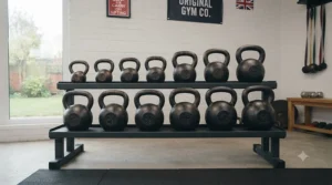 Selection of various weight sizes of cast iron kettlebells lined up for a home gym.