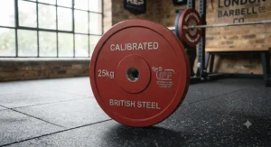 Close-up of a powerlifting calibrated steel plate showing high-precision weight tolerance markings.