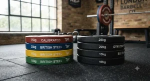 Comparison of calibrated weight plates and standard bumper plates in a UK home gym setup.