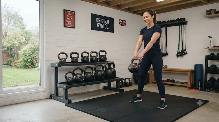 A set of black cast iron kettlebells neatly arranged on a rack in a modern home gym setup. cast iron kettlebells for home gym