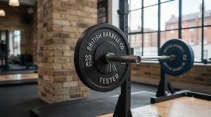 Traditional cast iron olympic weight plates mounted on a barbell for strength training.