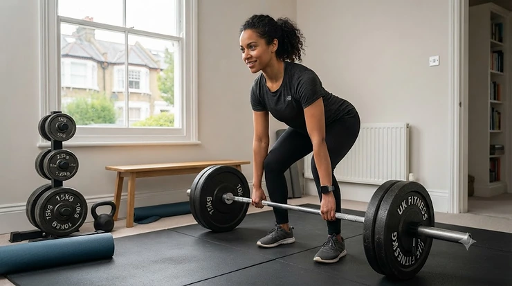 Cast iron weight plates for beginners arranged neatly on a home gym floor. cast iron weight plates for beginners