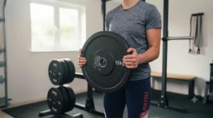 Durable cast iron weight plates stacked neatly next to a barbell in a British home gym.