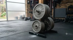 Stack of traditional cast iron weight plates organised on a weight tree.