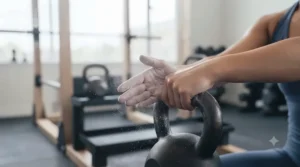 Weightlifter applying gym chalk to hands before using smooth traditional kettlebells.