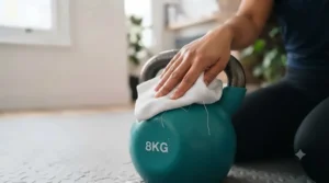 A close-up shot of a hand wiping down the clean surface of a turquoise vinyl kettlebell with a white cloth.