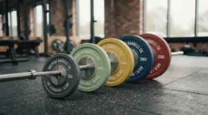 Set of colour-coded rubber Olympic weight plates for easy identification