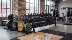 Commercial fitness facility featuring rows of specialised olympic weight plates.