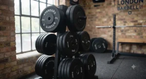 Standard weight plates organized neatly on a vertical gym storage rack.