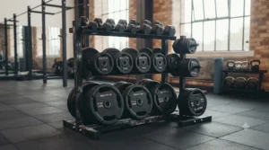 Commercial gym dumbbell and weight rack stocked with heavy-duty tri-grip plates.