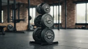 Rubber Olympic plates stored neatly on a vertical weight rack