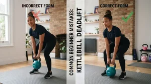 A split-screen image comparing incorrect versus correct posture for a kettlebell deadlift, highlighting the importance of a straight back.