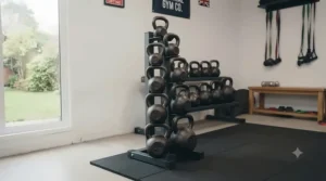Space-saving storage rack holding multiple cast iron kettlebells in a compact home gym.