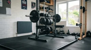 Compact home gym layout featuring a power rack, barbell, and bumper plate set.