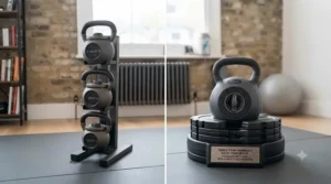 Side-by-side comparison showing a single quick-change kettlebell replacing multiple traditional weights.